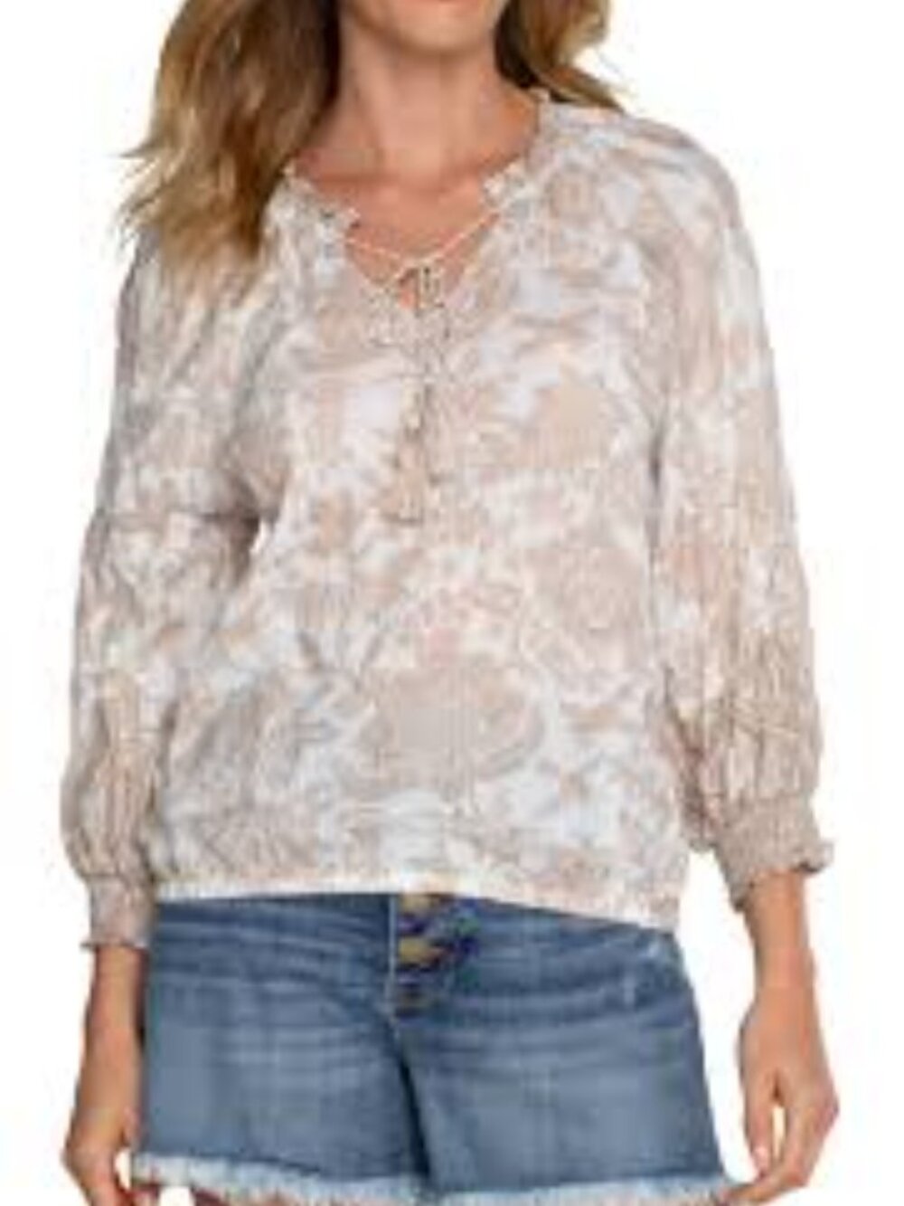NWT ** Liverpool Tan/White Floral Print Peasant Style Blouse